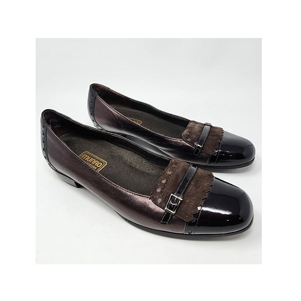Munro Morgan Flats Women 8.5M Brown Patent Leather Suede Kiltie Buckle Toe Shoes